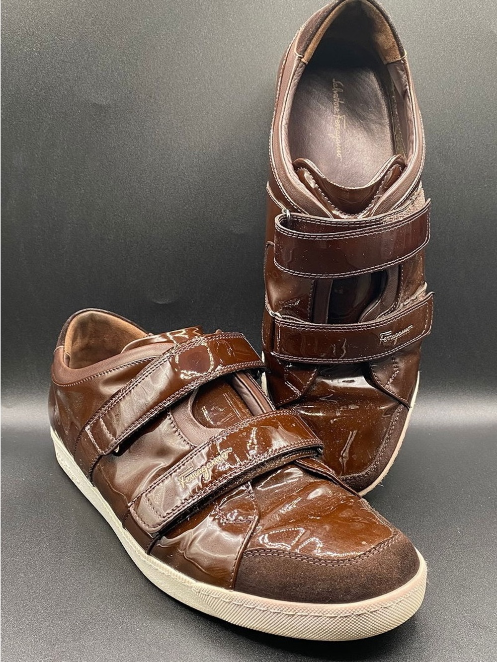 Salvatore Ferragamo Men’s Brown Patent Leather Velcro Sneakers with Suede Toe